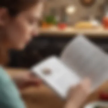 A person reviewing a meal plan book with a thoughtful expression