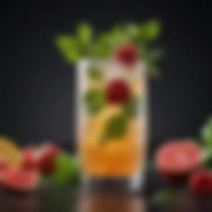 A creative mocktail garnished with fresh herbs and vibrant fruits.