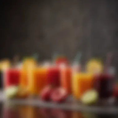 A colorful display of various natural fruit juices in elegant glassware.