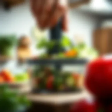 A close-up of a vegetable chopper in action, demonstrating its functionality.