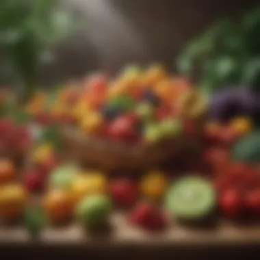 An array of seasonal fruits and vegetables artfully arranged on a wooden table.