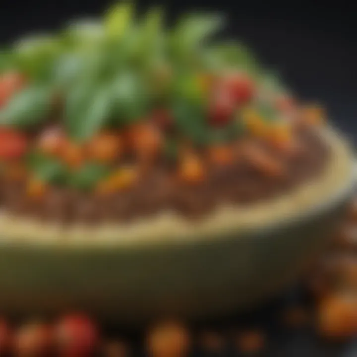 A close-up view of a beautifully plated plant-based dish highlighting its textures.