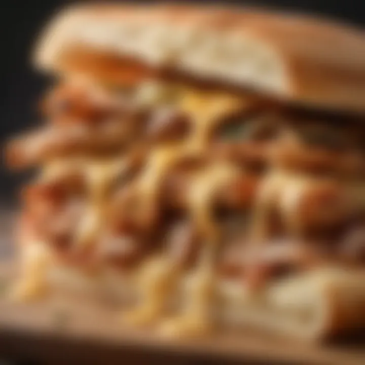 Close-up of savory chicken pizza sandwich with melted cheese