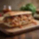 Gourmet chicken pizza sandwich on a wooden platter