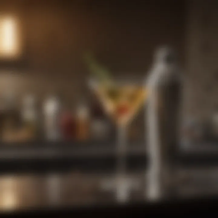 A refined cocktail shaker and stirring rod on a polished bar surface