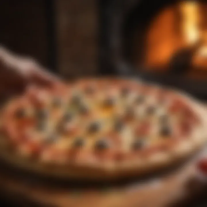 A perfectly baked wooden oven pizza with bubbling cheese and vibrant toppings
