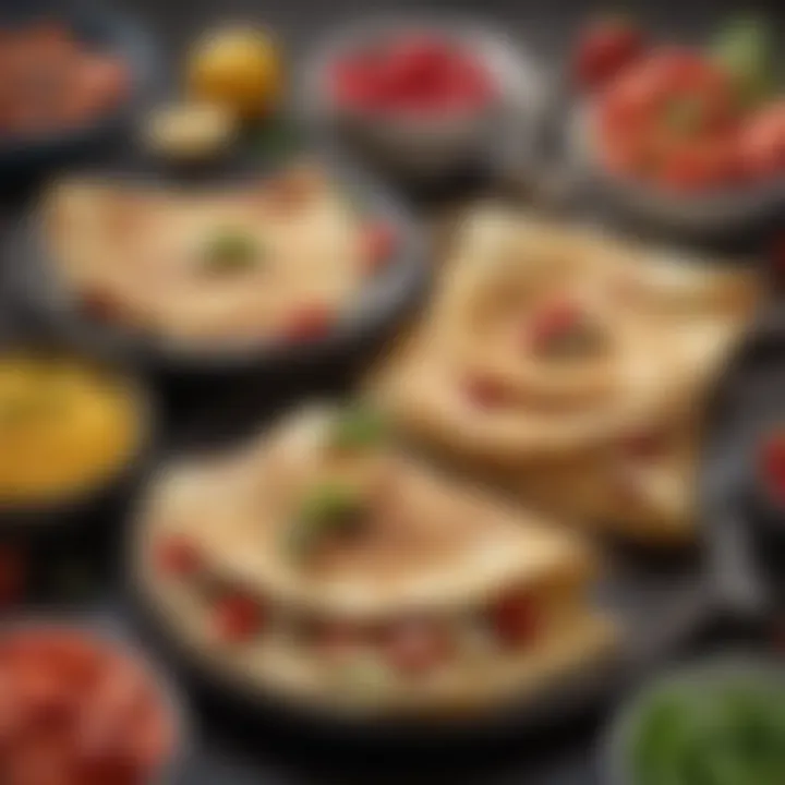 An assortment of delicious crepes filled with various ingredients.