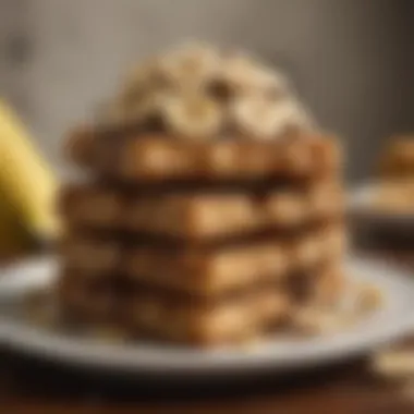 Fluffy banana chocolate chip waffles stacked high