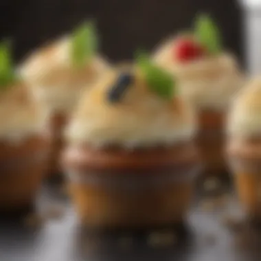 A close-up of a cupcake garnished with fresh ingredients