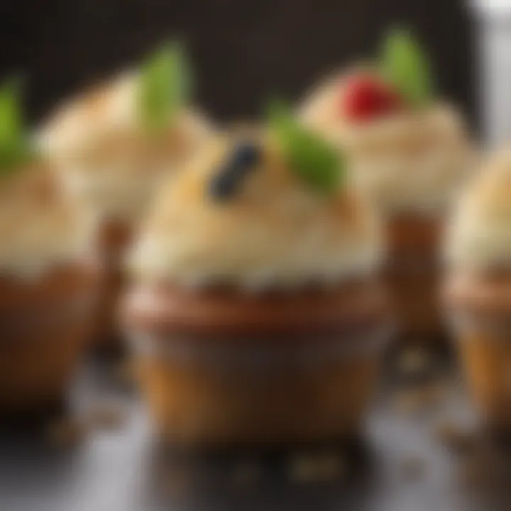 A close-up of a cupcake garnished with fresh ingredients