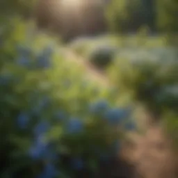 A serene landscape featuring blueberry bushes in full bloom under the sun