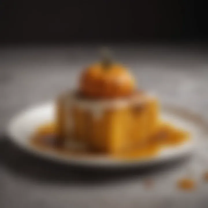 A beautifully plated contemporary pumpkin dessert with a drizzle of sauce