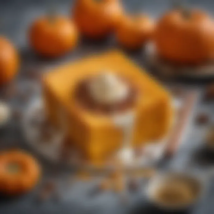 An artistic arrangement of pumpkin dessert ingredients like spices, cream, and sugar