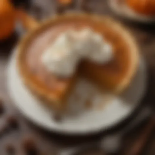 A delectable pumpkin pie adorned with whipped cream and spices