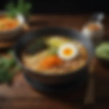 Artful Vegetarian Ramen Presentation A beautifully arranged vegetarian ramen dish, illustrating the artful presentation of plant-based cuisine.
