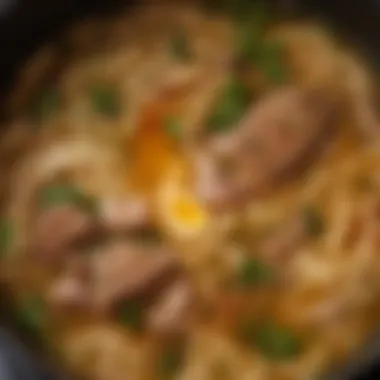 A close-up of a simmering broth filled with aromatic herbs and spices, a crucial component of ramen.