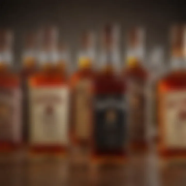 Bourbon whiskey bottles lined up highlighting different styles