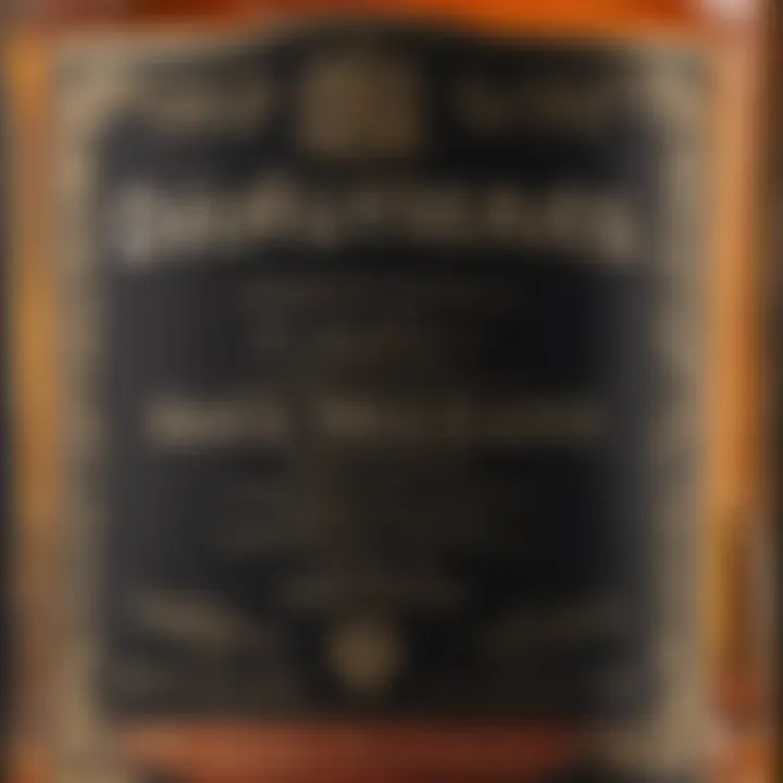 Close-up view of Scotch whiskey bottle with intricate label