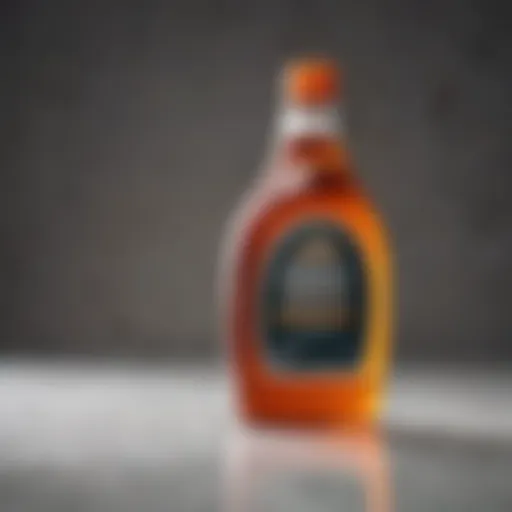 A bottle of a common acid cleaning product placed on a reflective surface, showcasing its label and contents.
