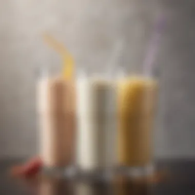 A selection of various liquids like almond milk, coconut water, and juice.