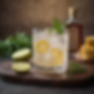 An artistic arrangement of a gin and ginger cocktail garnished with herbs.