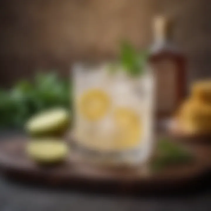 An artistic arrangement of a gin and ginger cocktail garnished with herbs.