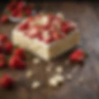Indulgence on Display: Strawberries and White Chocolate A vibrant arrangement of strawberries and white chocolate pieces on a rustic wooden background, evoking a sense of indulgence.