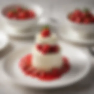 Culinary Artistry: White Chocolate Mousse with Strawberry Compote An elegant dessert presentation featuring white chocolate mousse topped with strawberry compote, showcasing culinary artistry.