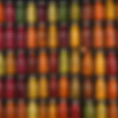 Colorful Fresh Juices Collection Vibrant array of fresh juices in colorful bottles