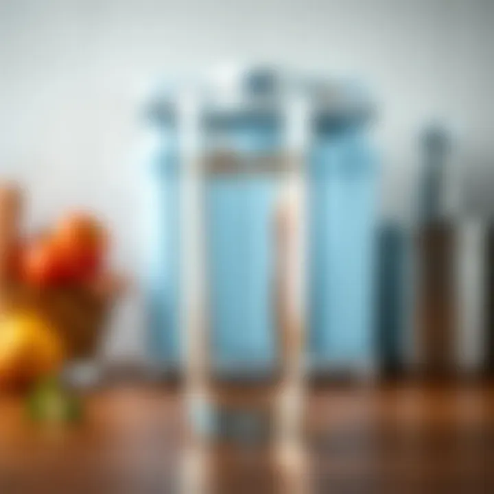 Purified Water Solutions A tall glass of purified water with a filter system in the background
