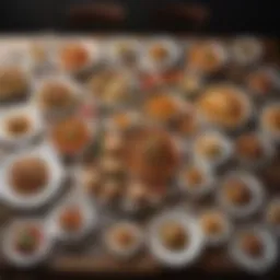 A lavish spread featuring an assortment of heavy dinner dishes artistically arranged on a dining table.