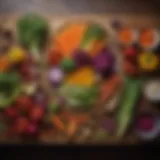 A vibrant array of colorful vegetables arranged artistically on a wooden table