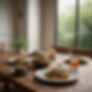 A serene dining setup featuring a vegan meal, with elegant tableware and natural lighting