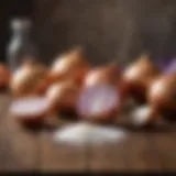 A close-up of fresh onions and sugar on a wooden table