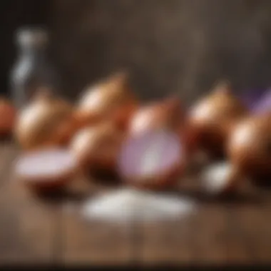 A close-up of fresh onions and sugar on a wooden table