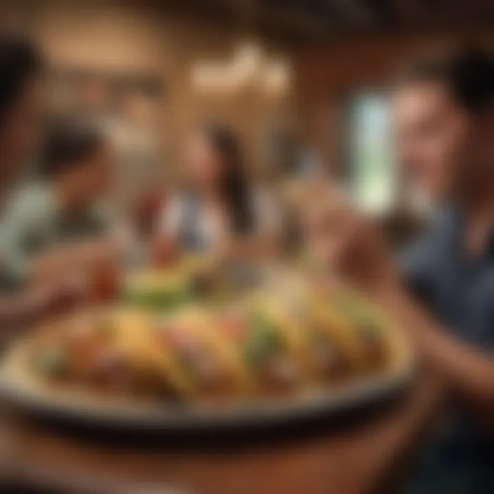 A bustling restaurant environment filled with customers enjoying tacos