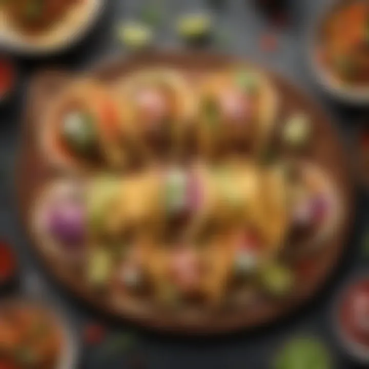 A vibrant taco spread showcasing various toppings and ingredients