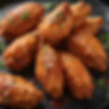 A close-up of the crispy texture of veggie buffalo wings with sauce drizzled on top