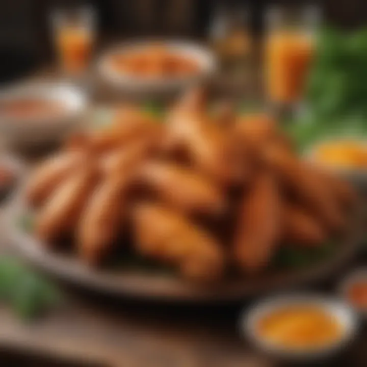 A festive gathering with veggie buffalo wings featured prominently on the table