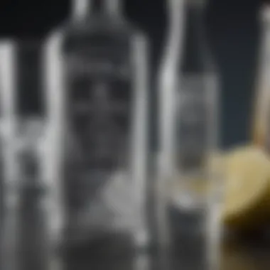 Close-up of tequila bottle alongside soda water
