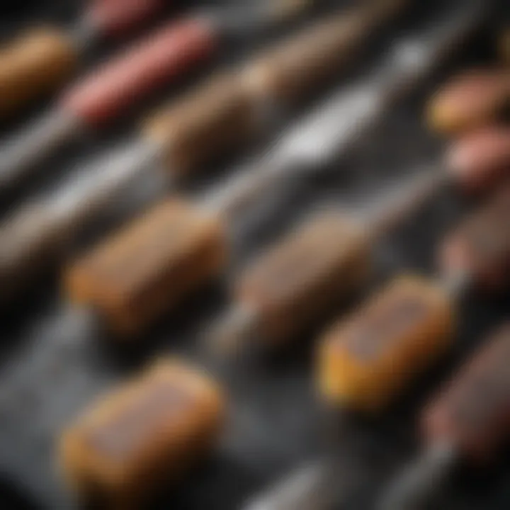 Different types of grill brushes displayed on a table