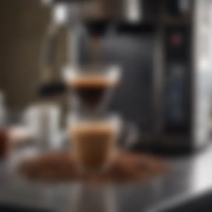 Close-up of coffee grounds and water in a small cup coffee maker