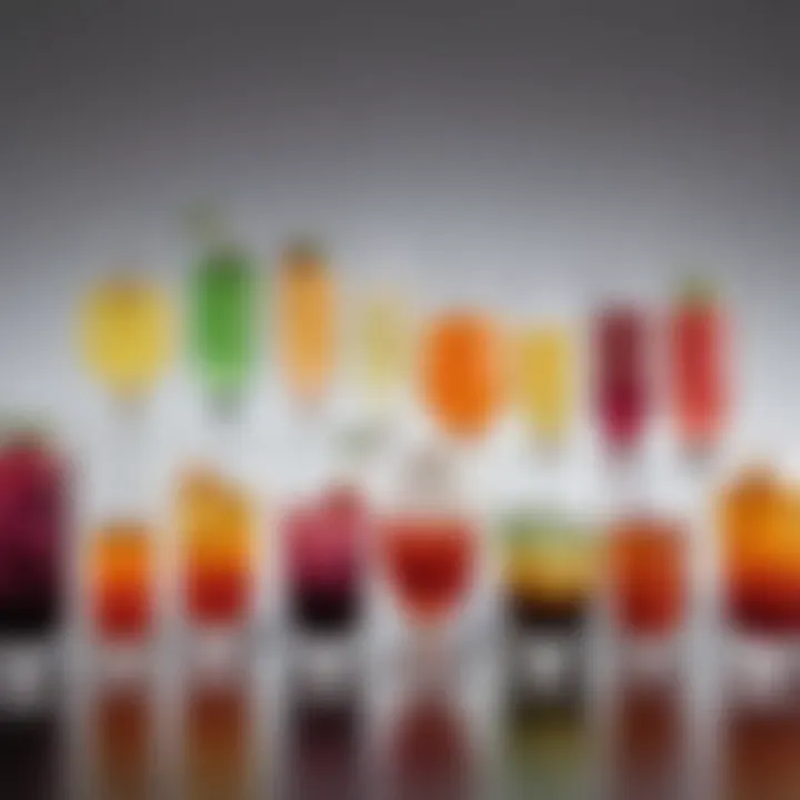 A selection of colorful nonalcoholic drinks in elegant glassware