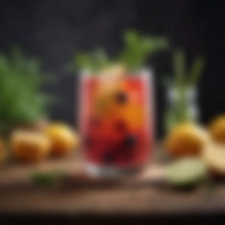 A vibrant mocktail garnished with fresh herbs and fruits