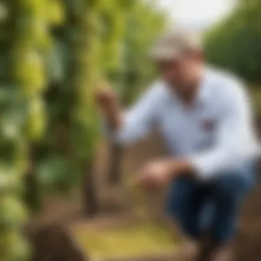 Winemaker inspecting Chardonnay grapes in the vineyard