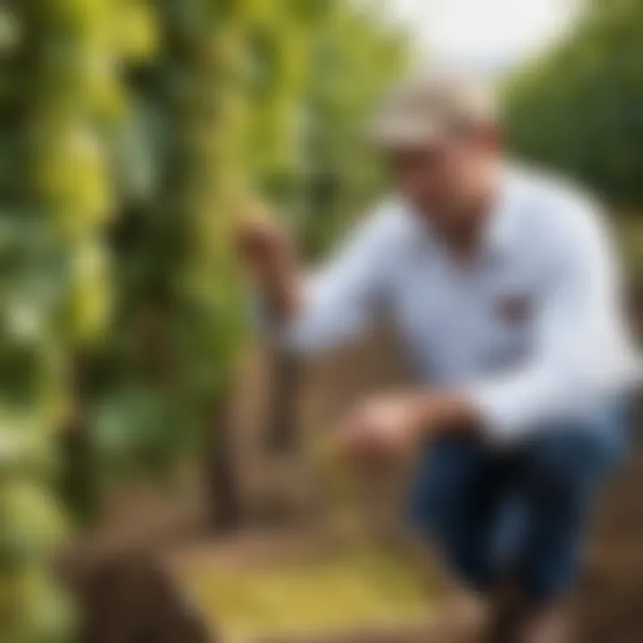 Winemaker inspecting Chardonnay grapes in the vineyard