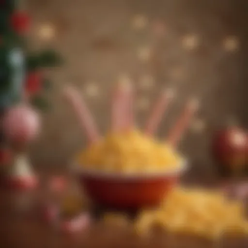 A whimsical display of macaroni and cheese candy canes in a festive setting.