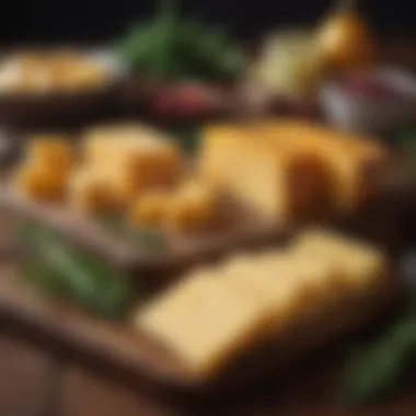 Assorted aged cheddar cheeses displayed with herbs and fruits