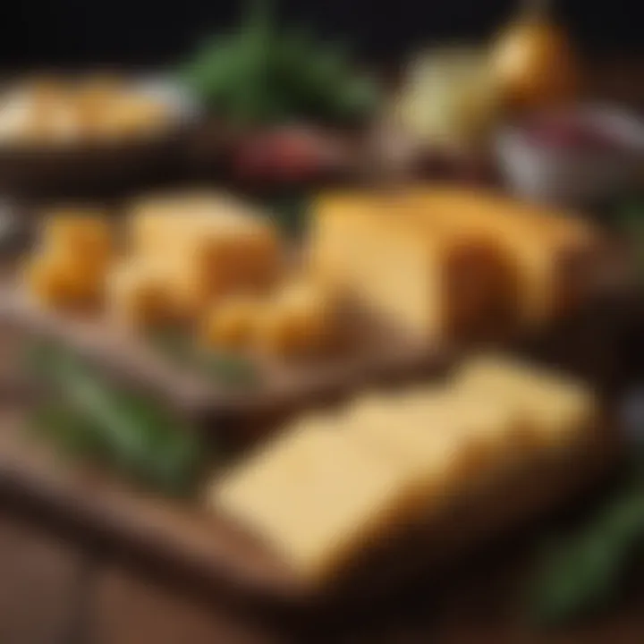 Assorted aged cheddar cheeses displayed with herbs and fruits