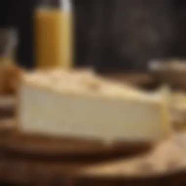 Close-up of a creamy Brie cheese with a rustic background